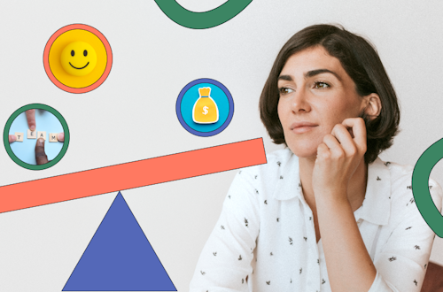 Woman sitting next to an animated see-saw, representing ways to motivate employees