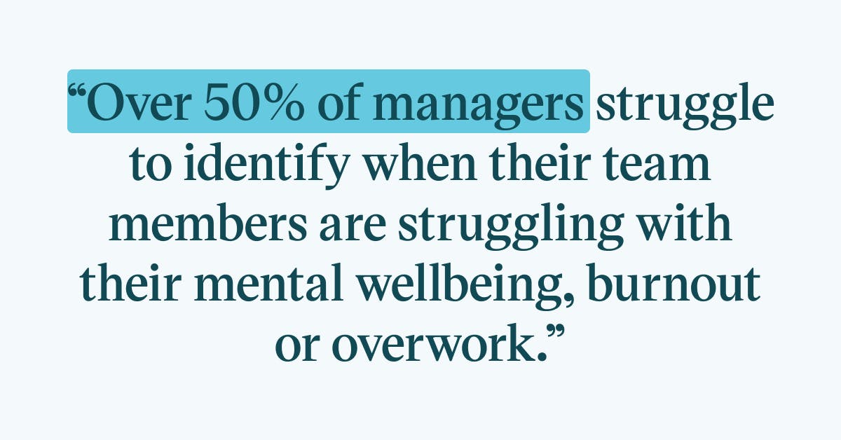 Pull quote with text: Over 50% of managers struggle to identify when their team members are struggling with their mental wellbeing, burnout or overwork.