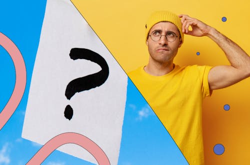Image of male in yellow with question mark graphic