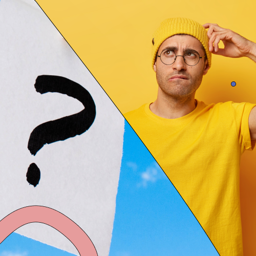 Image of male in yellow with question mark graphic