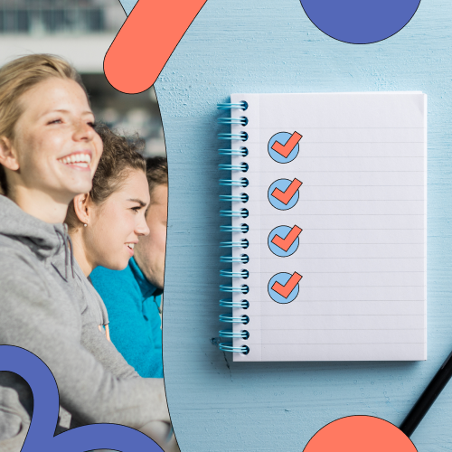 Woman smiling and ticking off a checklist on a notepad, representing skill development