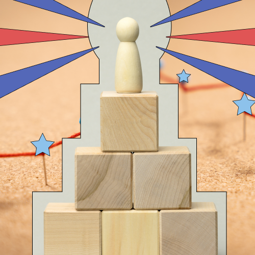 Figurine standing on top of a brick tower, representing success and personal development