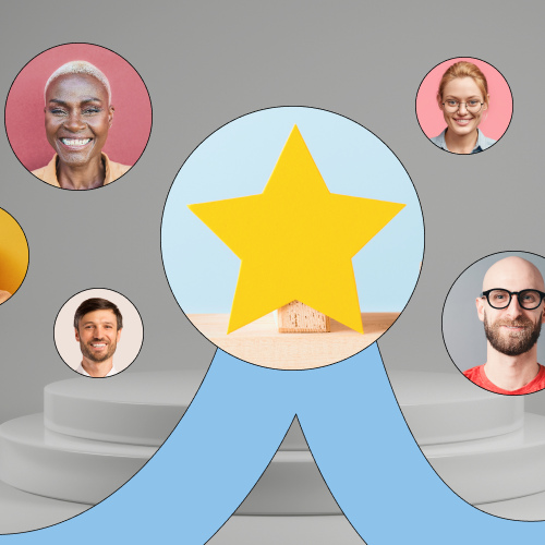 Varuous faces in bubbes, with a star in the middle, representing professional development