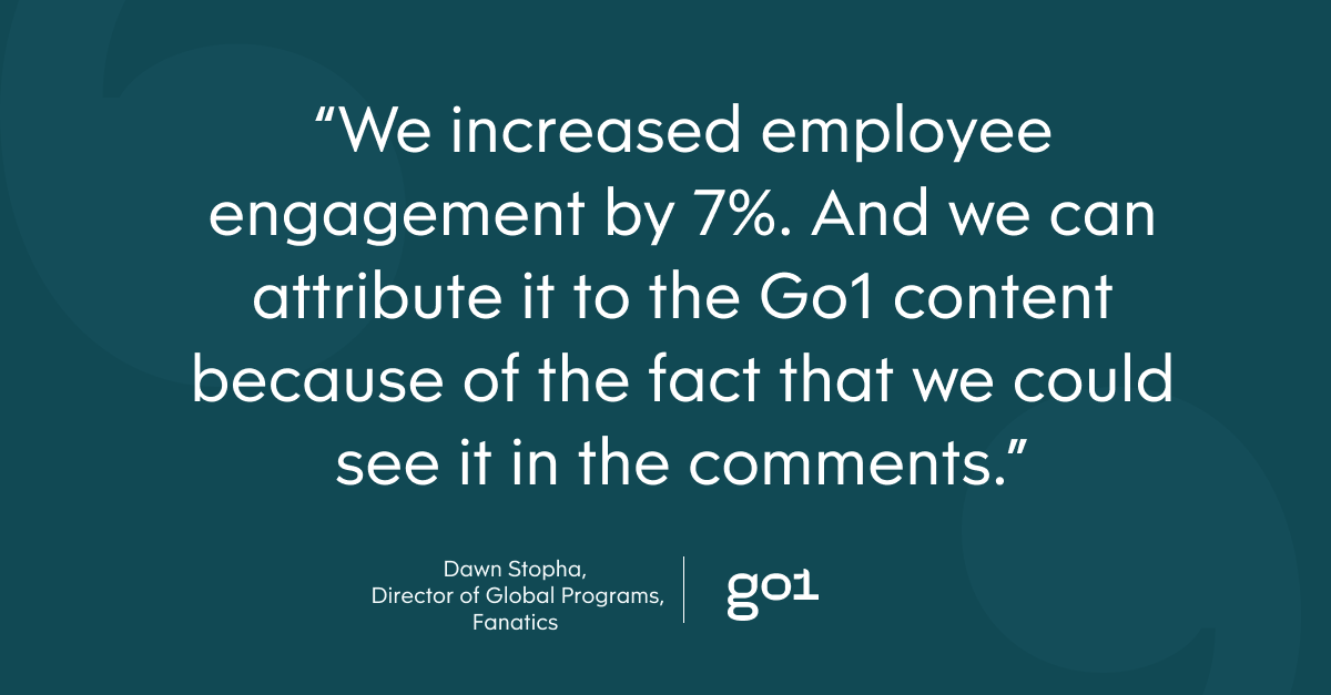 Pull quote with the text: We increased employee engagement by 7%. And we can attribute it to the Go1 content because of the fact that we could see it in the comments