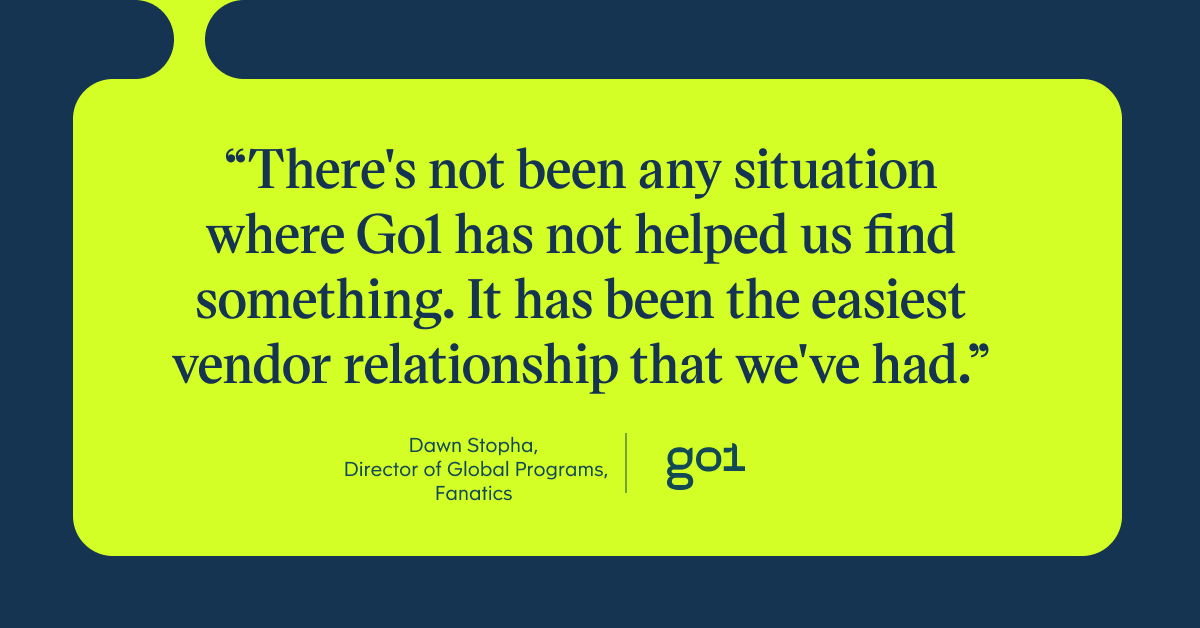 Pull quote with the text: there's not been any situation where Go1 has not helped us find something. It has been the easiest vendor relationship what we've had.