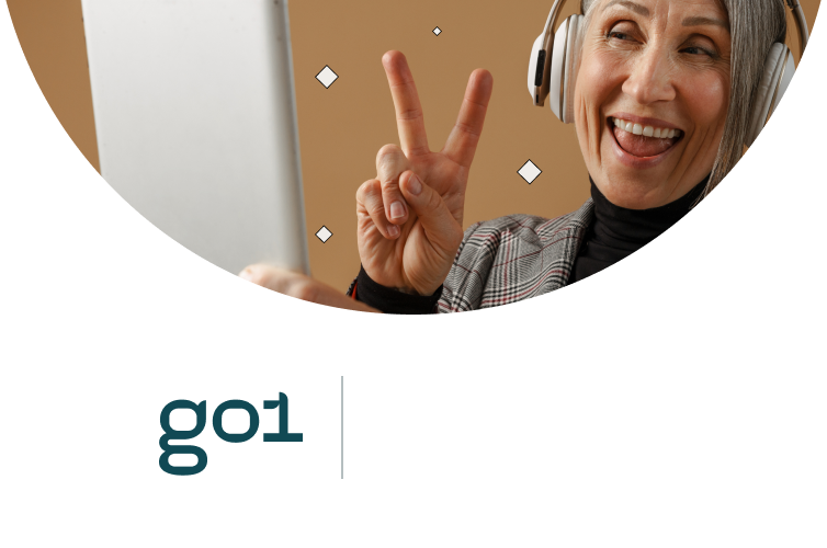 Person smiling and giving the peace sign with a Go1 logo