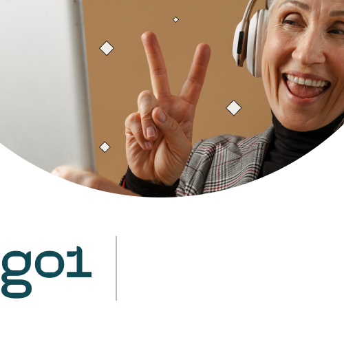 Person smiling and giving the peace sign with a Go1 logo