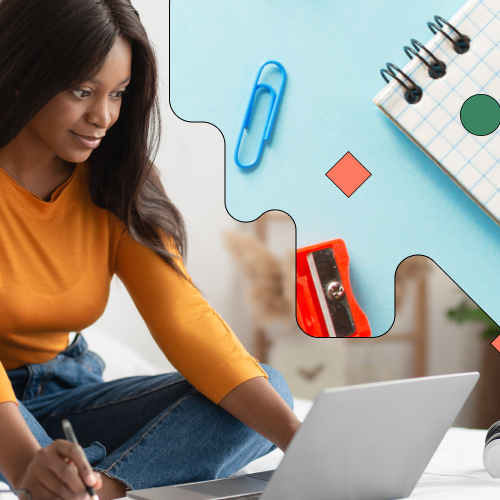 Image of worker learning on their laptop with a notebook graphic