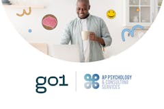 Person with coffee smiling at computer