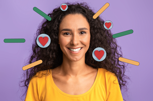 Smiling woman in a yellow shirt with heart imagery around her face, representing employee retention