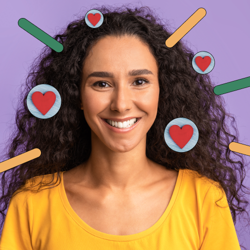 Smiling woman in a yellow shirt with heart imagery around her face, representing employee retention