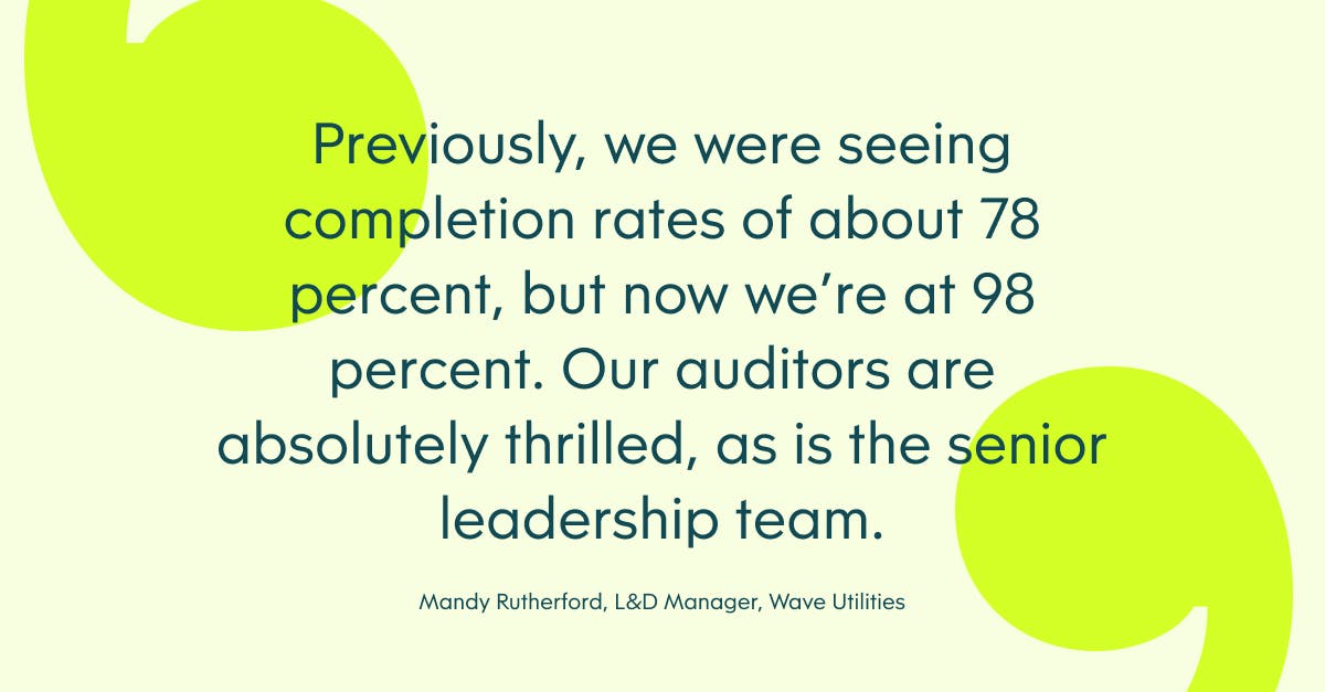 Pull quote with the text: Previously, we were seeing completion rates of about 78 percent, but now we're at 98 percent. Out auditors are absolutely thrilled, as is the senior leadership team.