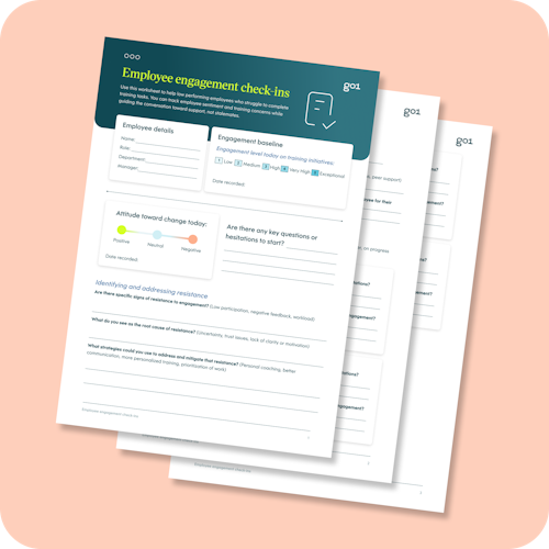 Employee engagement check-in worksheet on a peach background