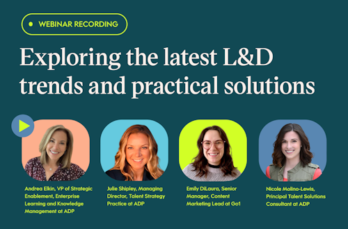 Image of a virtual gathering, a webinar panel with four people, each with a unique story to tell. From left to right, there's Andrea Elkin and Julie Shipley from ADP, Emily DiLaura from Go1, and Nicole Molino-Lewis, also from ADP. The backdrop is a soothing green gradient, with a friendly "Webinar" in the upper right corner.