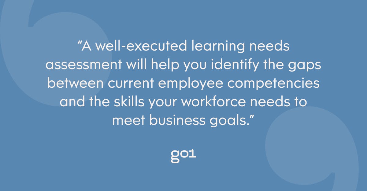 Pull quote with text: “A well-executed learning needs assessment will help you identify the gaps between current employee competencies and the skills your workforce needs to meet business goals.”