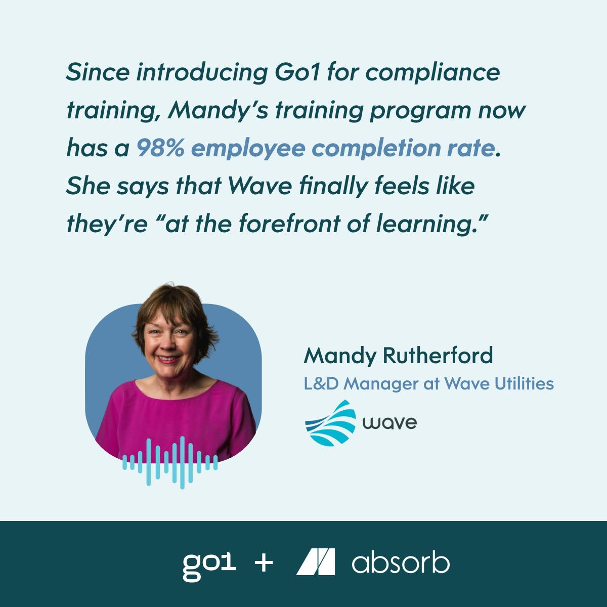 Since introducing Go1 for compliance training, Mandy’s training program now has a 98% employee completion rate. She says that Wave finally feels like they’re “at the forefront of learning.”