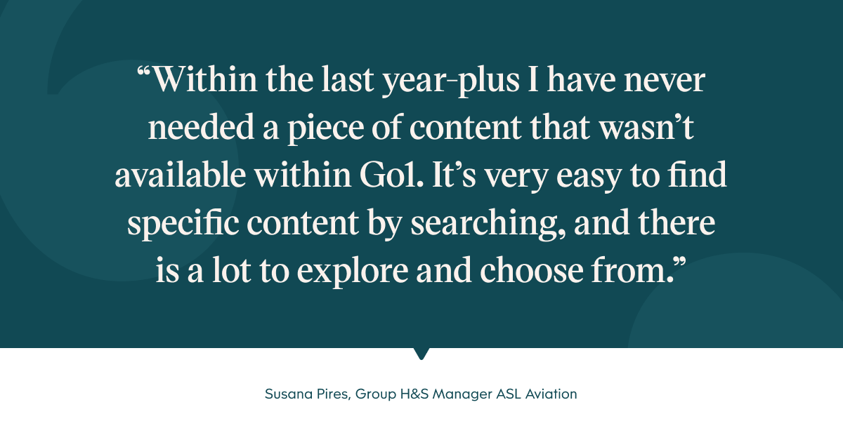 Pull quote with the text: Within the last year-plus I have never needed a piece of content that wasn't available within Go1. It's very easy to find specific content by searching, and there is a lot to explore and choose from.