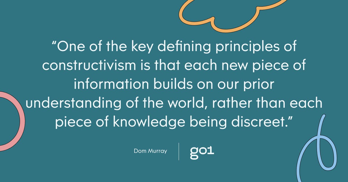 Pull quote with the text: One of the key defining principles of constructivism is that each new piece of information builds on our prior understanding of the world, rather than each piece of knowledge being discreet