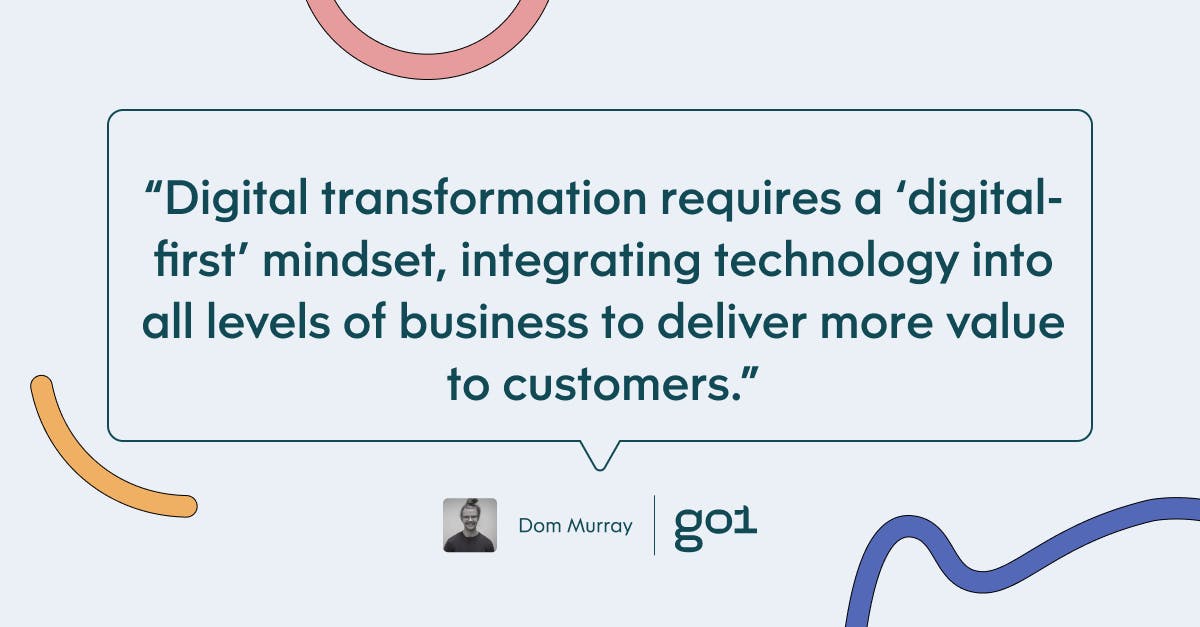 Pull quote with the text: digital transformation requires a 'digital-first' mindset, integrating technology into all levels of business to deliver more value to customers