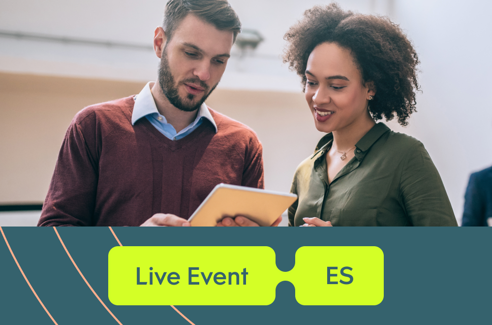 Two people reading a notepad with the text "Live event - ES"