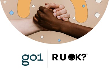Two hands clasped above Go1 and R U OK? logos