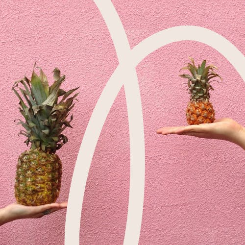 Two people holding different sized pineapples, weighing up their options 