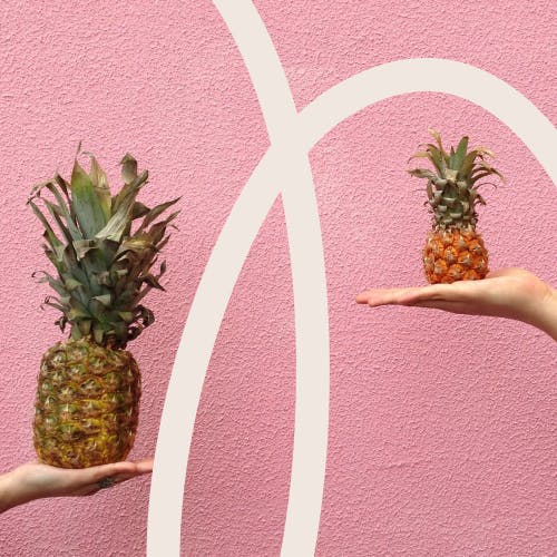 Two people holding different sized pineapples, weighing up their options