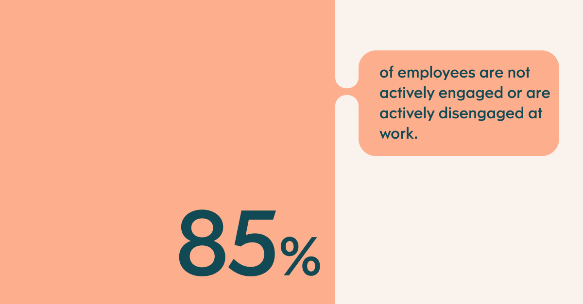 Pull quote with the text: 85% of employees are not actively engaged or are actively disengaged at work