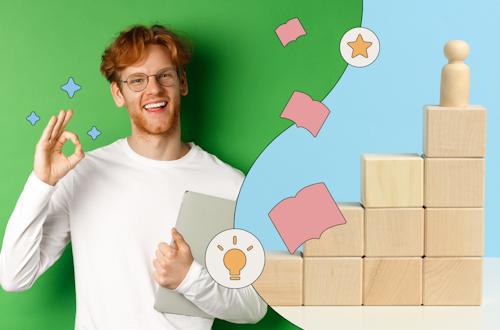 Man making an ok gesture standing next to building blocks, representing employee training