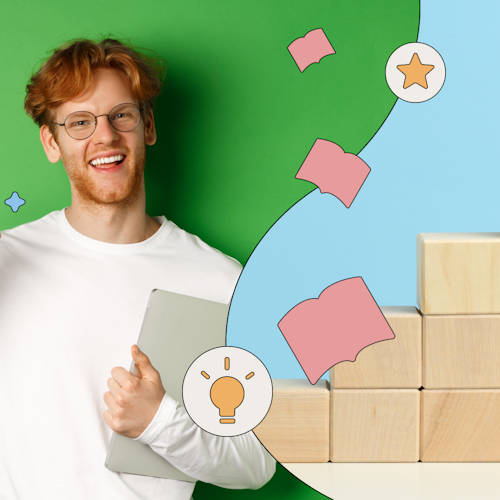 Man making an ok gesture standing next to building blocks, representing employee training