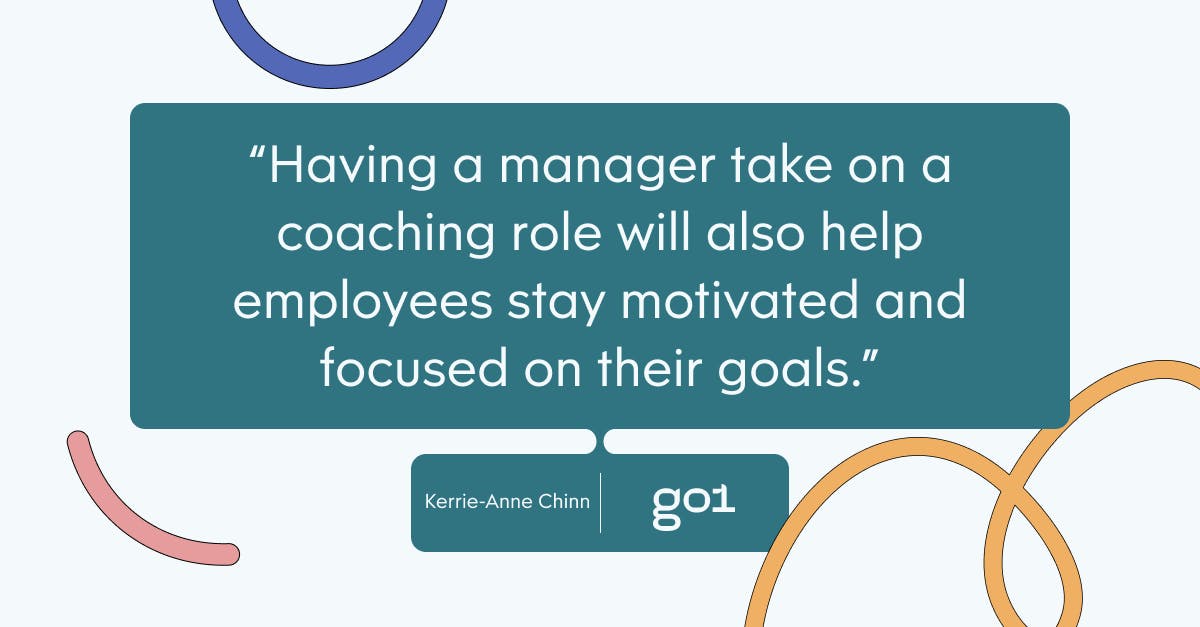 Pull quote with the text: Having a manager take on a coaching role will also help employees stay motivated and focused on their goals