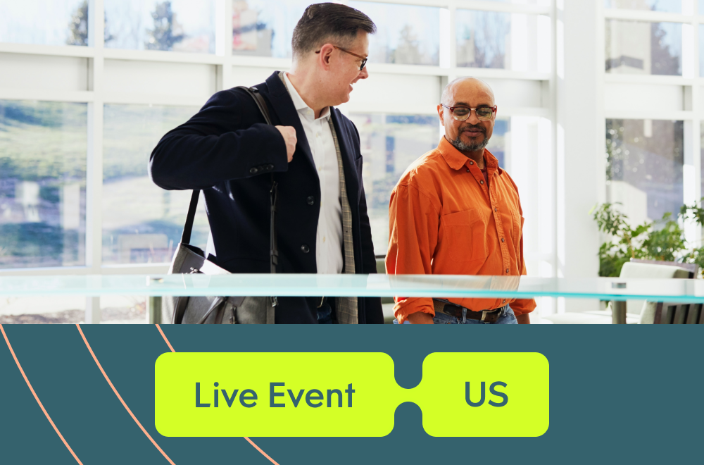 Two people walking next to each other with the text "Live event - US"