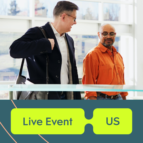 Two people walking next to each other with the text "Live event - US"