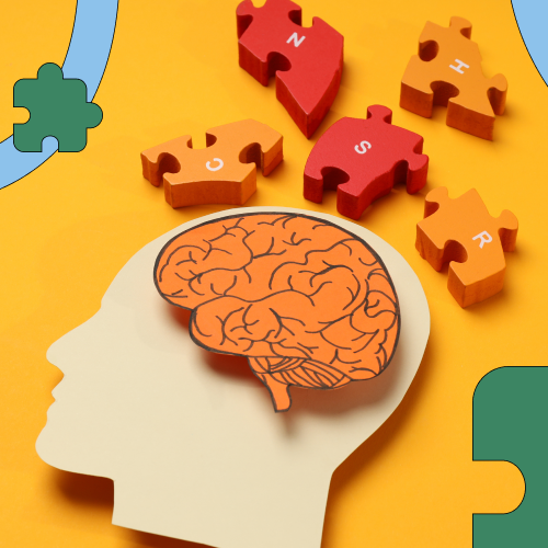 Cartoon brain with puzzle pieces clicking into place