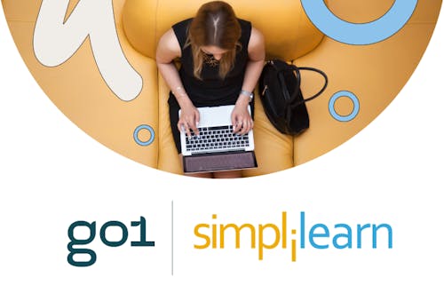 Woman typing on a laptop above the Go1 and Simplilearn logos