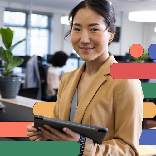 Woman smiling and holding a tablet, represtenting professional development