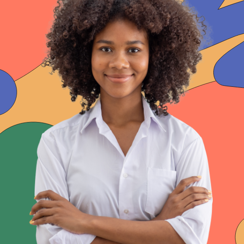 Woman smiling with her arms crossed in front of a colourful background