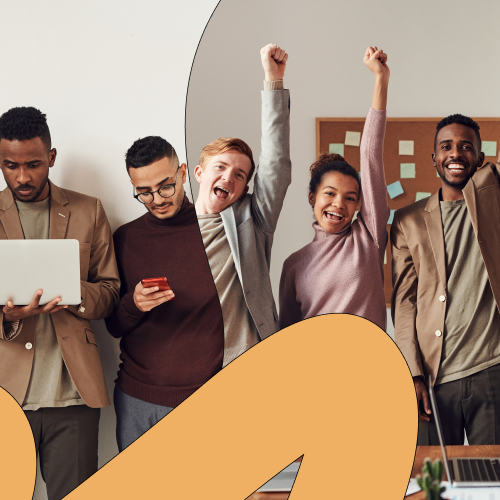 A group of people celebrating in an office