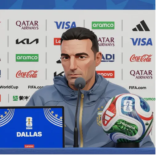 Argentina national team coach Lionel Scaloni speaking at a microphone during an official FIFA World Cup press conference. He is wearing a blue training jacket, with a laptop displaying "DALLAS" to his left and an official tournament match ball on a stand to his right, set against a backdrop filled with corporate sponsor logos.