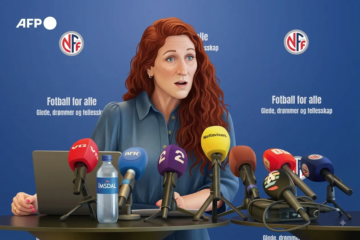 Lise Klaveness speaking at a press conference behind a table lined with several media microphones, set against a blue backdrop featuring Norwegian Football Federation (NFF) logos and slogans.