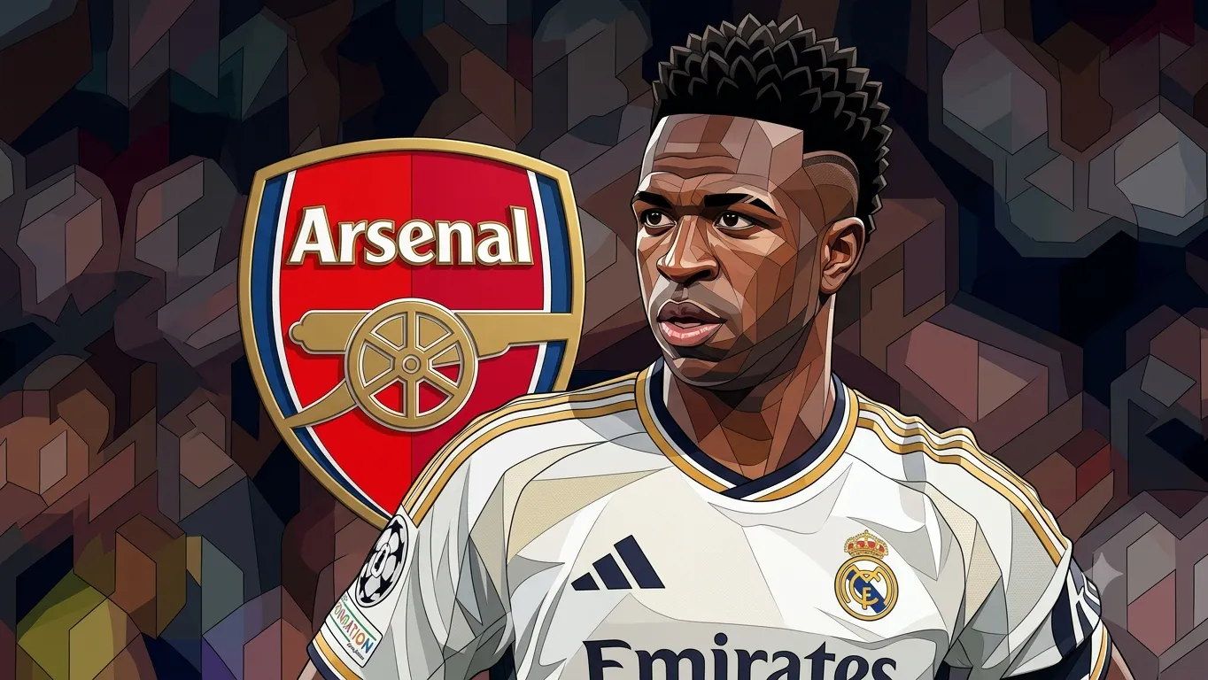 Vinícius Júnior in a white Real Madrid jersey, looking off-camera, with the Arsenal Football Club crest graphic overlaid on the left against a blurred stadium background.