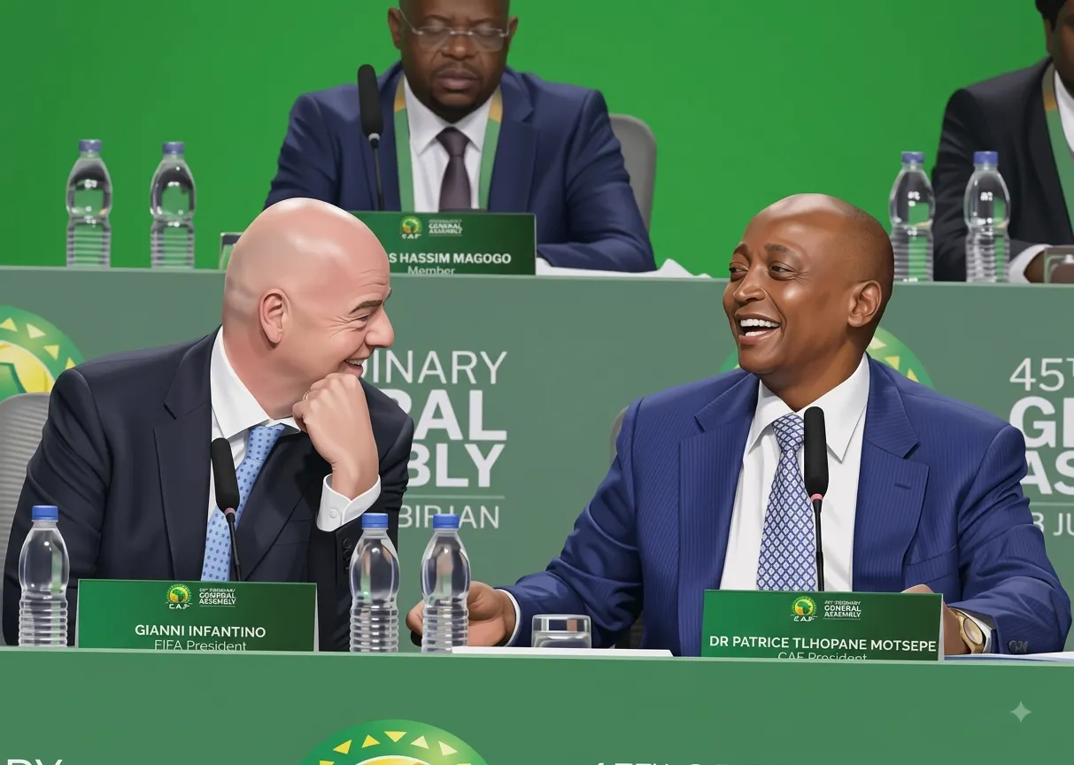 FIFA President Gianni Infantino and CAF President Dr. Patrice Motsepe sitting together at a panel desk, smiling and laughing during the 45th CAF Ordinary General Assembly.