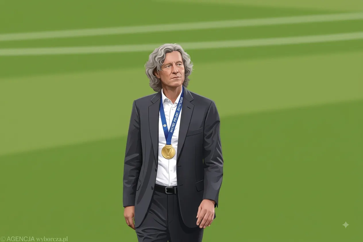 Dariusz Mioduski wearing a suit and a gold "Mistrz Polski 2019/2020" medal while walking on a football field.