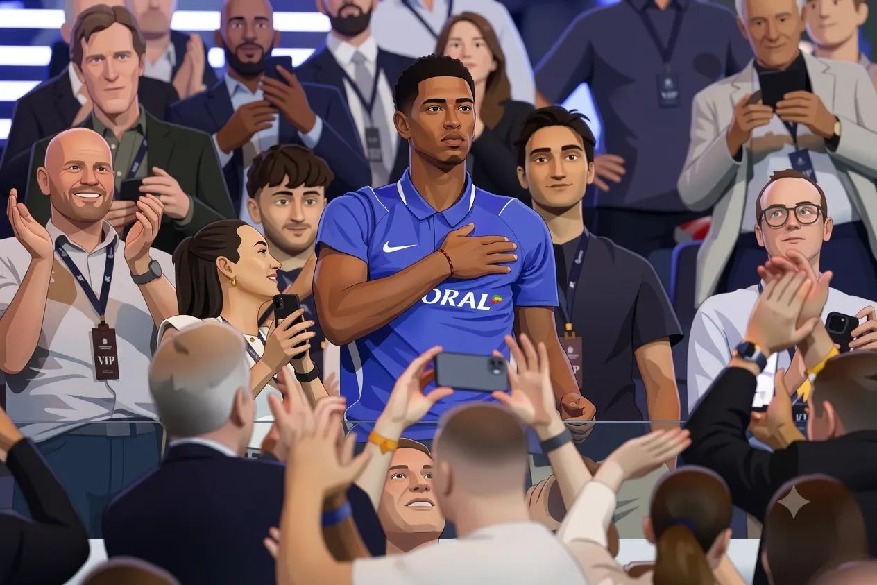 Jude Bellingham standing in a stadium crowd wearing a royal blue polo shirt with his right hand over his chest as spectators applaud and take photos.