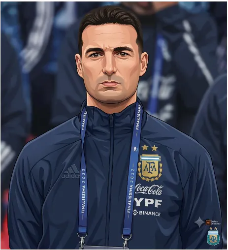 Argentina national football team coach Lionel Scaloni looking directly forward with a tight-lipped, slightly pursed expression. He is wearing a dark blue Argentina (AFA) training jacket and a blue "Finalissima 2022" lanyard.