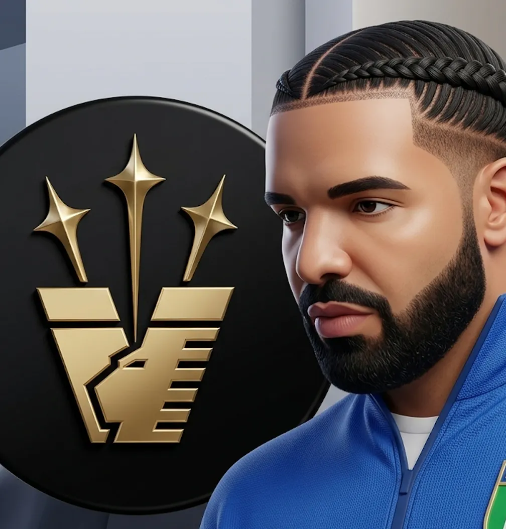 Canadian musical artist Drake wearing a blue Italia football pullover with a full beard and braided hair, standing alongside a circular graphic displaying the gold crest of Venezia FC against a black background.