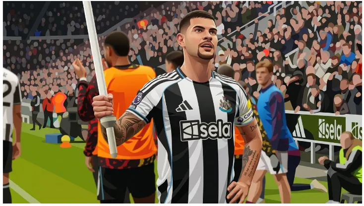 Newcastle United captain Bruno Guimarães stands on the pitch in a black-and-white striped home kit with a captain's armband, holding a large white flagpole in a crowded stadium.