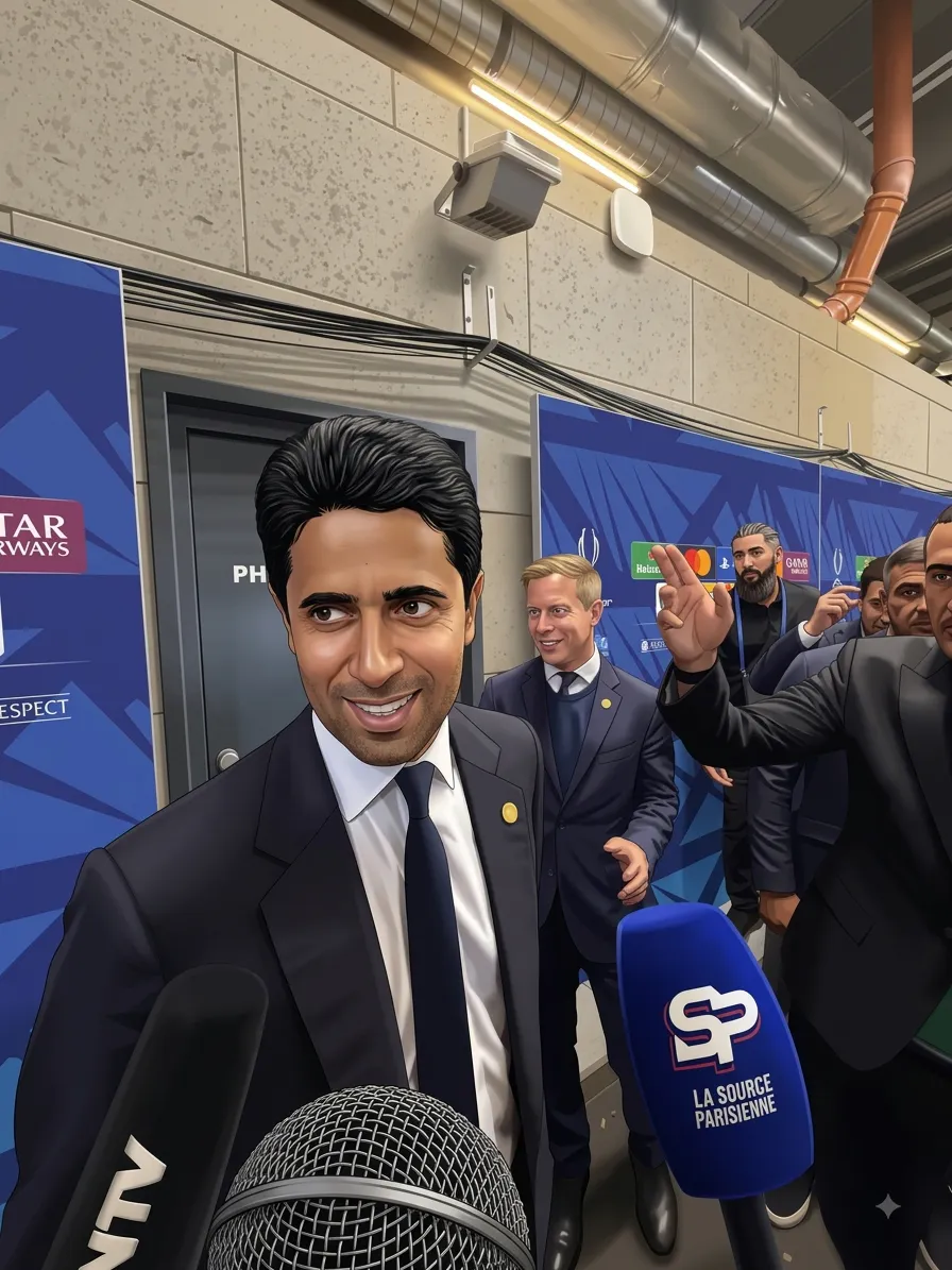 Nasser Al-Khelaifi in a dark suit smiling as he speaks to press microphones in a stadium tunnel.