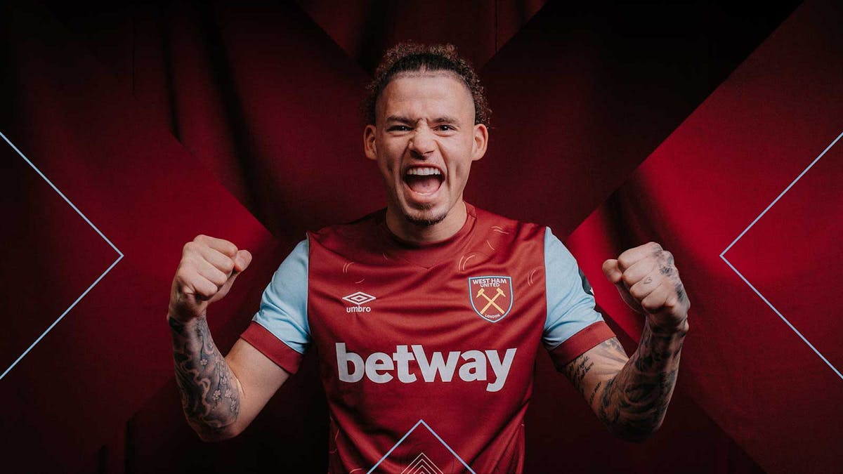 Kalvin Phillips poses in a West Ham United shirt with a fierce expression and clenched fists, after joining the club on loan from Manchester City