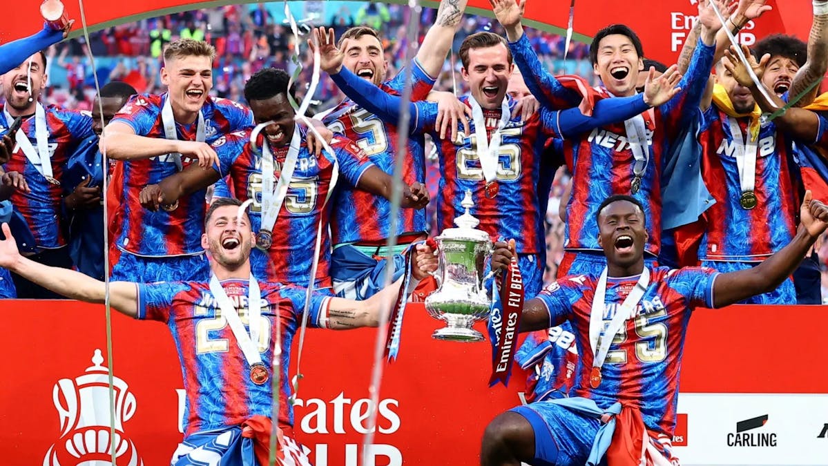Crystal Palace stars, as FA cup winners, celebrating the cup at Wembley after winning it in 2025